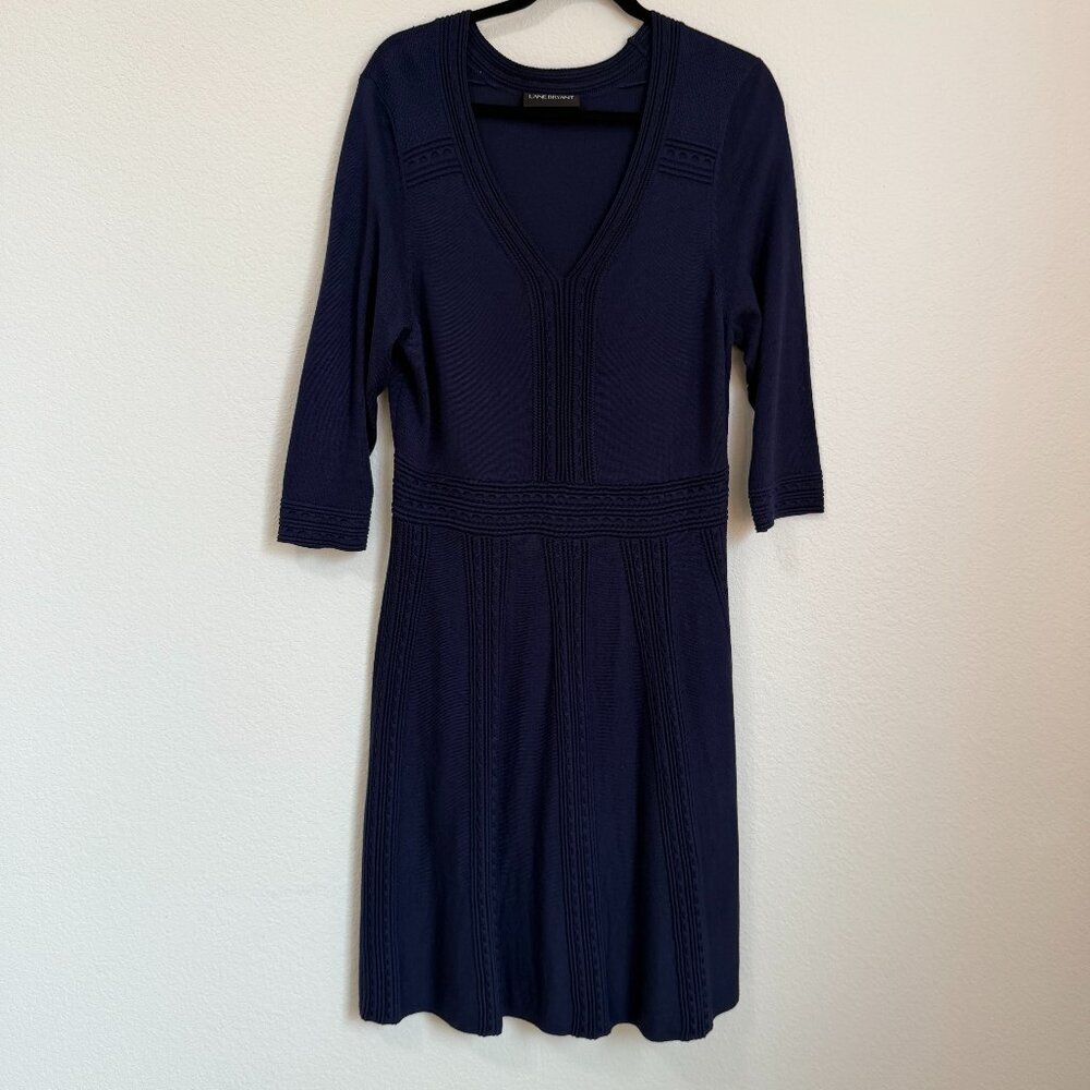 Lane Bryant Navy Blue Knit Fit & Flare Sweater Dress 3/4 Sleeve Plus Size 14/16